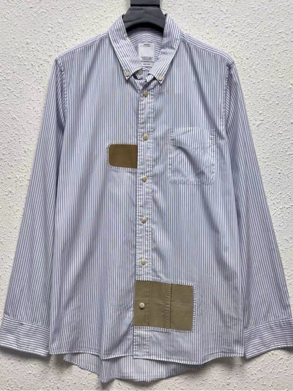 Visvim Blue and White Striped Button-Down Shirt with Tan Patch Details